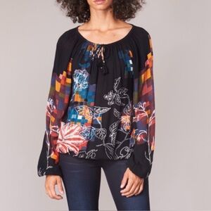 Desigual Cadency Blouse Top XL Colourful Floral Peasant Boho Elastic Cuff Waist